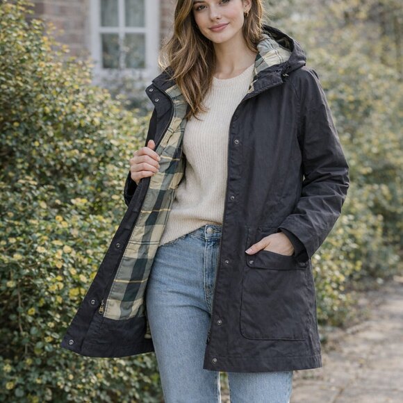 Barbour Beadnell Coat Waterproof Hooded Tartan Lined Black Jacket NWOT - Picture 11 of 11